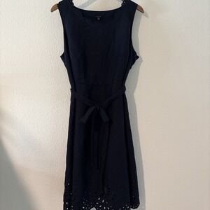 Talbot Eyelet 100% Linen Fit And Flare Navy Blue Dress‎ Size 18WP Coastal Preppy